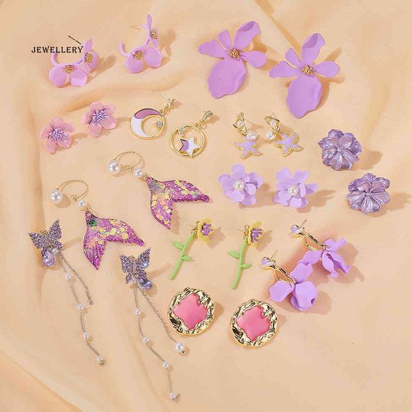 

s925 silver needle earrings summer new purple simple small fresh korean net red flower, Golden