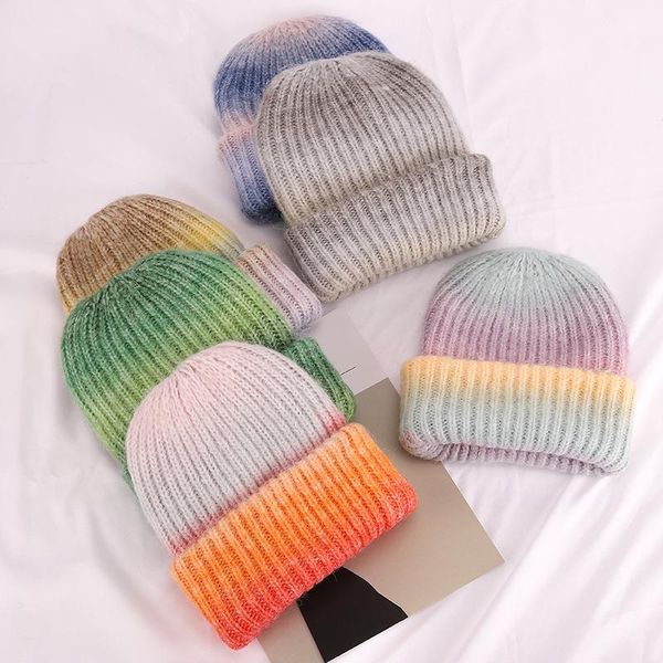 

caps & hats fashion rainbow beanie autumn winter wool blends soft warm knitted cap men women skullcap ski colors beanies, Yellow