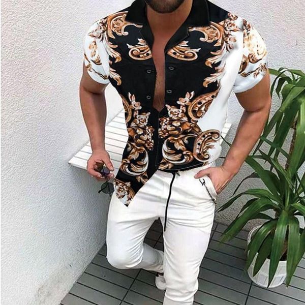 

men's casual shirts mens hawaiian beach 2021 summer fashion printed shirt single-breasted cardigan short sleeve men, White;black