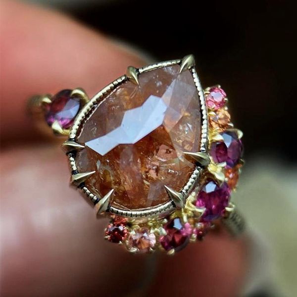 

wedding rings exquisite vintage geometric irregular inlaid tourmaline gemstone ring female party engagement jewelry for women girls, Slivery;golden