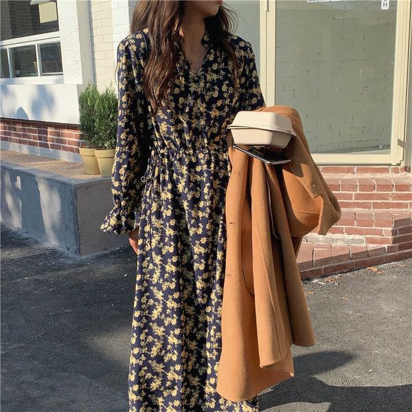 

yellow long sleeve floral dr's spring and autumn 2021 french temperament knee length skirt, Black;gray