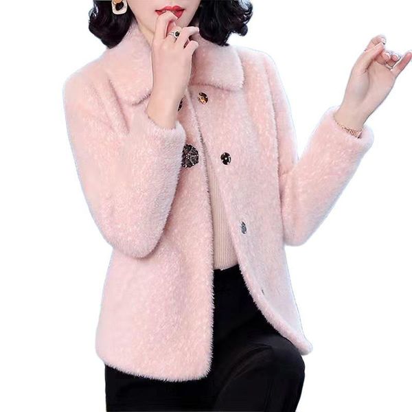 

women's wool & blends jacket 2021 female fall winter thickened imitate mink fleece overcoat middle-aged mother large size woolen coat, Black