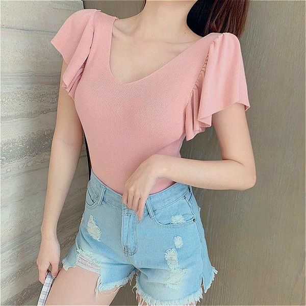 

women's t-shirt liberjog women vintage butterfly sleeve v-neck short slim t shirt tight tee summer female solid colors, White