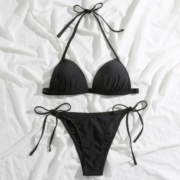 

women's swimwear fashion solid color backless bikini swimsuit bandage 2021 women bikinis, White;black