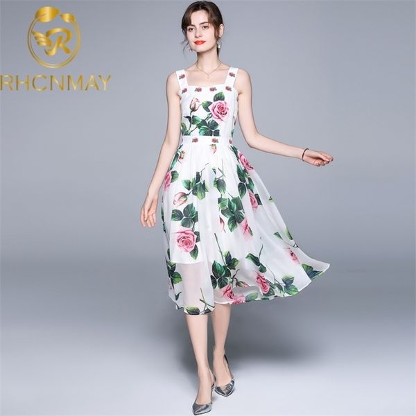 

designer summer rose floral printed midi-long dresses for women elegant party night spaghetti strap white beach woman dress robe 210520, Black;gray