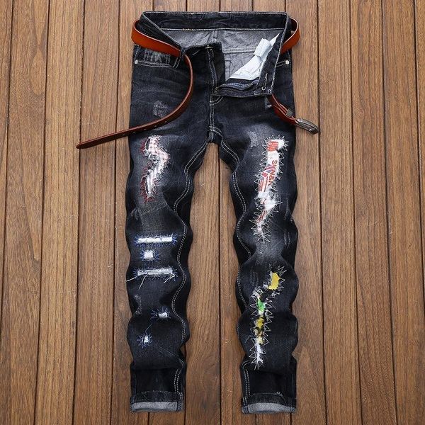 

2021 new style ripped fashion pants casual men's trousers embroidered patch color matching straight-leg pants, Blue