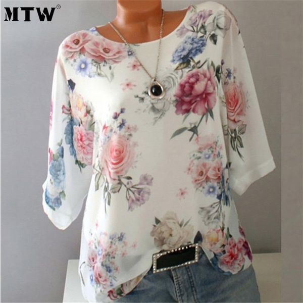

women's blouses & shirts 2021 spring summer women chiffon ladies o neck short sleeve floral plus size blouse female loose casual, White