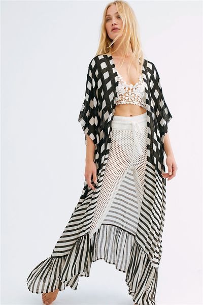 

casual dresses women bikini beach swimsuit cover ups plaid printed sunscreen long cardigan blouses shirts swimwear bathing suit cover-ups be, Black;gray