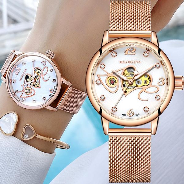 

wristwatches montre femme 2021 rose gold womens mesh stainless steel strap skeleton automatic mechanical watches for woman zegarek damski, Slivery;brown