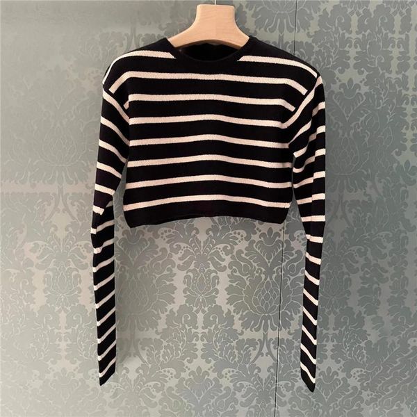 

early spring 2021 new striped back cardigan bottomed sweater long sleeve pullover short sweater cardigan women, White;black
