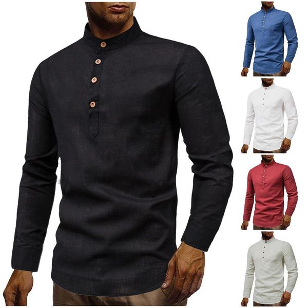 

men's casual shirts cotton and linen solid color stand-up collar long-sleeved shirt daily autumn button blouses 2021, White;black
