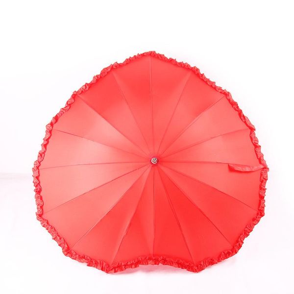 Şemsiye kırmızı kalp şekli şemsiye kadınlar için sevgililer için düğün partisi nişan po proplar uzun sapsız unbellas