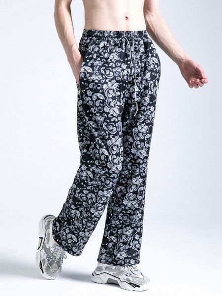 

men paisley print drawstring waist pants k0ru#, Black