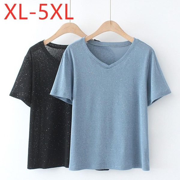 

women's t-shirt 2021 ladies summer plus size for women large short sleeve slim sequins blue elastic knit v-neck 3xl 4xl 5xl 6xl, White