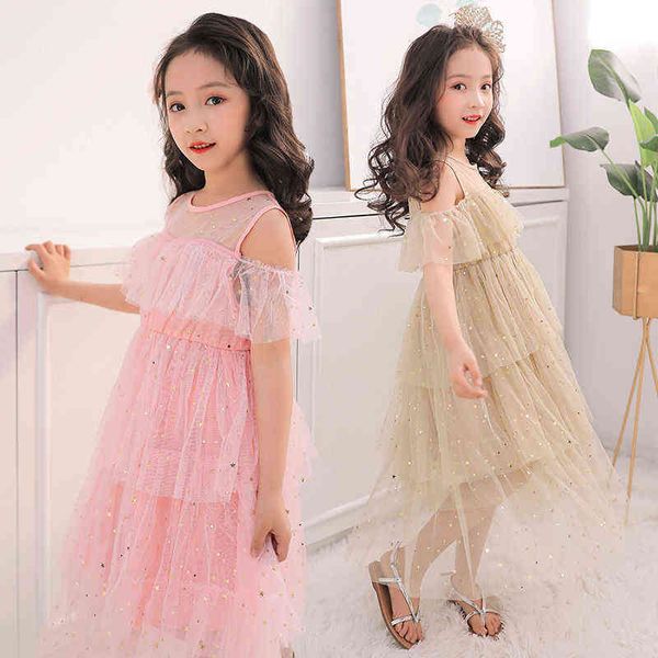 

2021 summer girl sequins yarn dresses baby kids clothes fairy off-shouldertulle princess tutu dress for girls party vestido g1129, Red;yellow