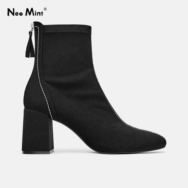 

boots suede sock women 2021 winter chunky heels ankle for square zipper booties woman double white line shoes, Black