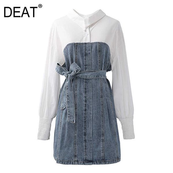 

[deat] spring fashion turn-down collar high waist sashes long sleeve splicing loose denim dress women 13d182 210527, Black;gray