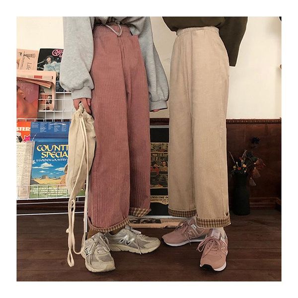

corduroy casual pants women's autumn and winter loose wide-leg hong kong style retro straight-leg high-waist & capris, Black;white