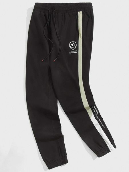 

men slogan & graphic print side stripe pants d28x#, Black