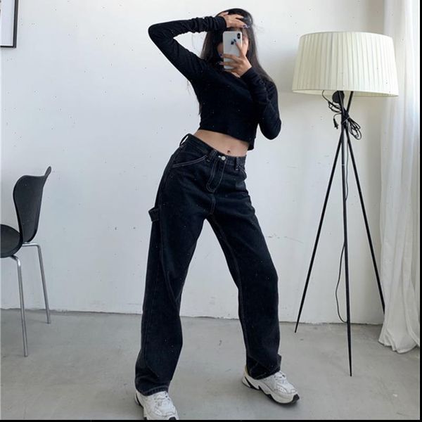 

autumn vintage streetwear womens jean high waist boyfriend black wide leg mom woman straight denim pants, Blue