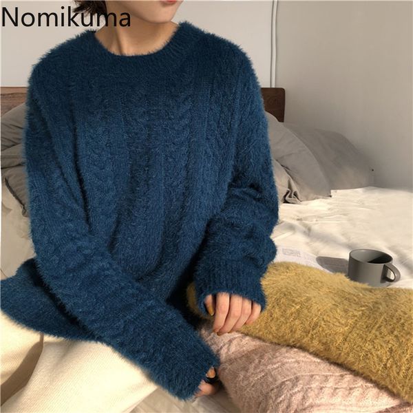 

nomikuma arrival twist pullover o neck long sleeve vintage sweater women korean fashion loose jumpers ropa mujer 3b615 210514, White;black