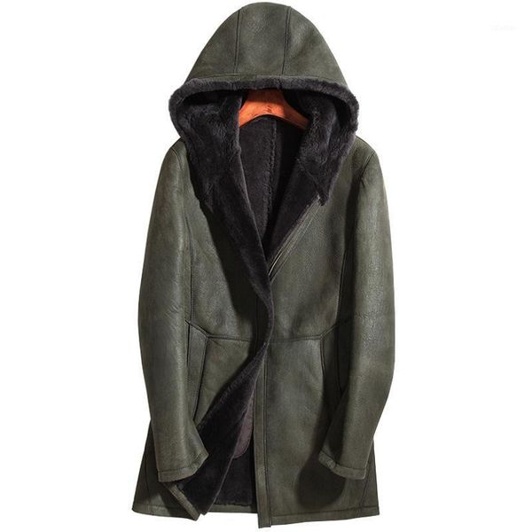 

men's leather & faux shearling mens genuine jacket sheepskin real fur coat men hooded winter long jackets 71e1713 kj2420, Black