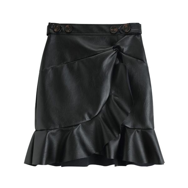 

skirts perhaps u pu leather high street solid pencil mini empire zipper short skirt black ruffle s0236