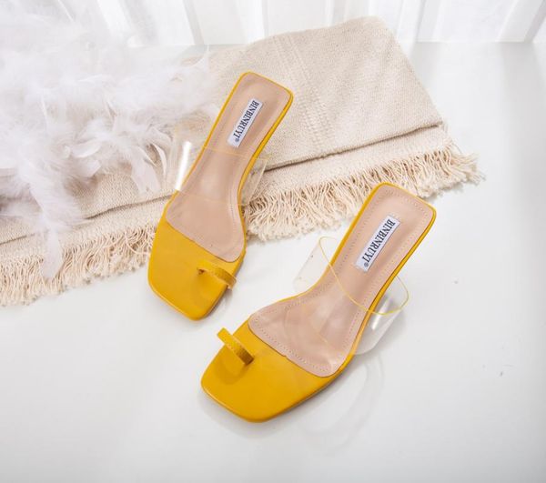 

transparent widen band clip toe sandals women stiletto high heels flip flops femme est trendy square sandalias mujer 2021, Black