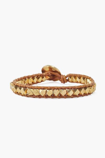 

tennis gold nuggets beads leather bracelet for women, Golden;silver