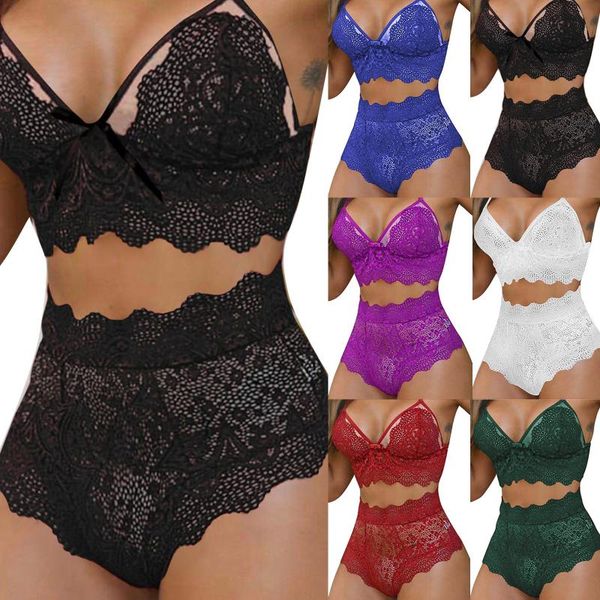 

bras sets 2021 seamless lingerie women lace bowknot push up bra and panty set v neck crop underwear exotic, Red;black