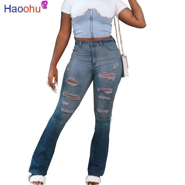 

autumn wash gradient color ripped denim jeans for women high waist hole straight ladies pencil trousers women's, Blue