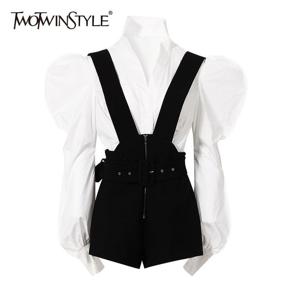 

casual two piece set for women v neck long sleeve shirt high waist sashes short overalls female sets fashion 210428, White