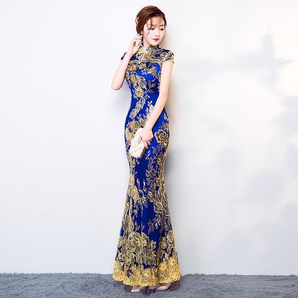 

blue wedding party cheongsam oriental evening dress chinese traditional womens elegant qipao lace long robe retro vestido, Red