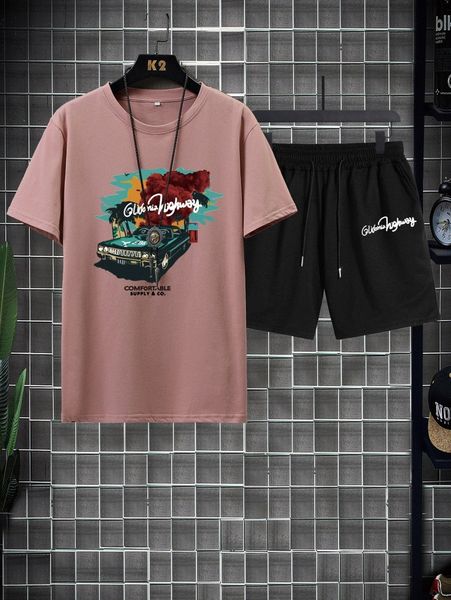 

romwe guys car graphic tee & shorts 58ef#, Gray