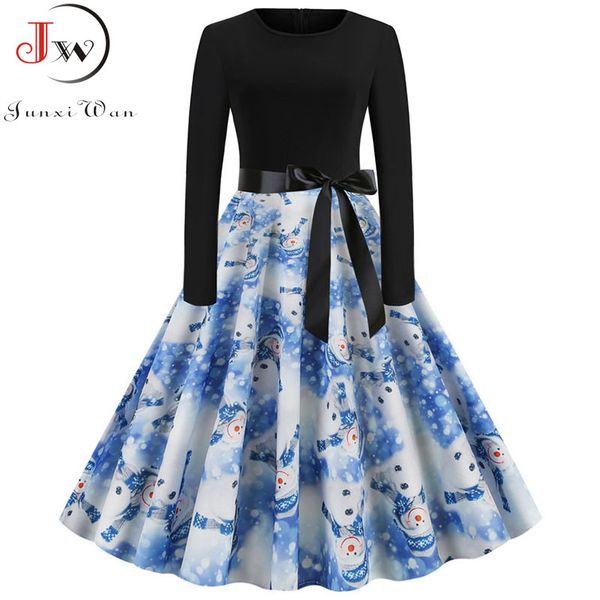 

2021plus size elegant printed christmas dress pink women vintage winter casual midi o neck party dresses long sleeve robe vestidos, Black;gray