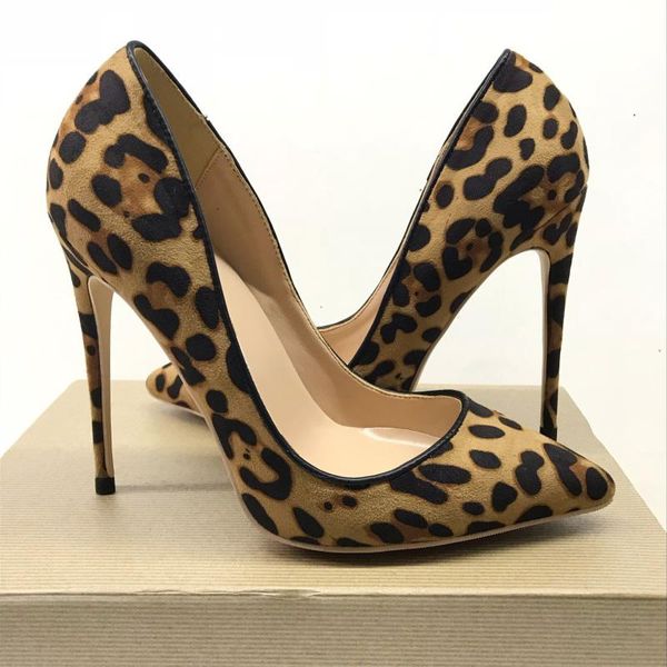 

european and american leopard-print high-heeled women's thin-heeled pointed single-heeled shoes 12cm shallow-mouthed wo dress, Black