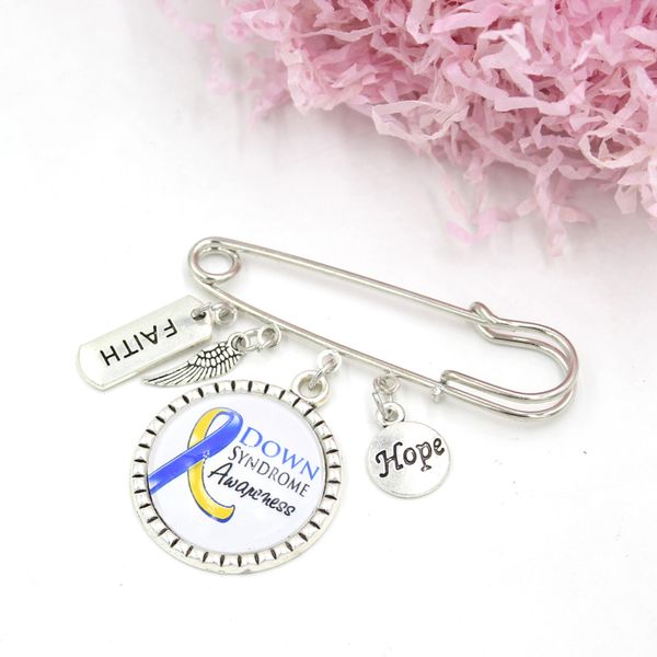 

wholesale hope faith cancer brooch blue and yellow ribbon down syndrom awareness brooches safety pins for men women jewelry, Gray