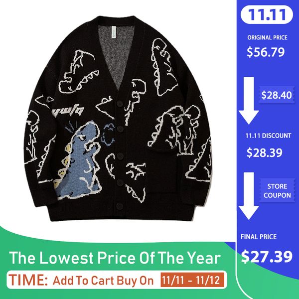 

harajuku dinosaur pattern black cardigan sweater men vintage oversized cartoon kawaii coats autumn winter loose knitted sweater, White;black