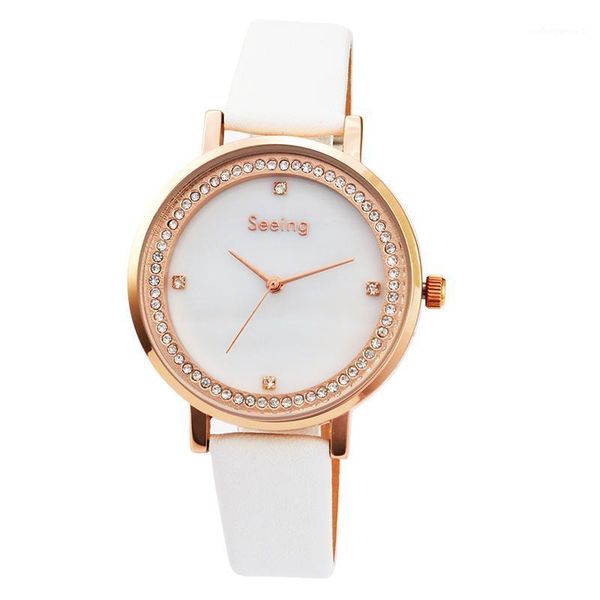 

wristwatches mother of pearl mop dial charm lady watch genuine leather strap, Slivery;brown