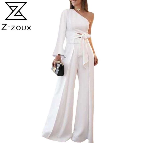 

women sets fashion pants one shoulder flare sleeve crop with long two piece and spring 210513, White