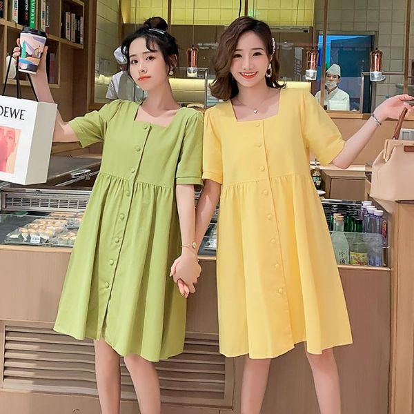 

maternity dresses green/yellow summer fairy's sweet dress short sleeve square collar single-breasted empire pregnant woman shirts, White