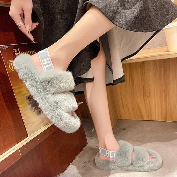

sandals brand furry women slippers flat heel faux fur sliders winter indoor sandal ladies strap shoes female casual house slides sho, Black