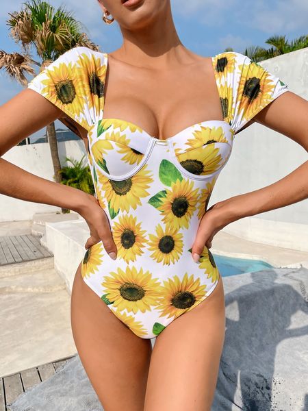 

print frill trim ruffled one piece swimsuit women swimwear female push up bather bathing suit swim wear monokiniby air
