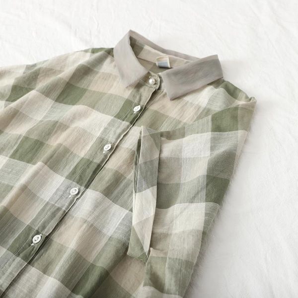 

women's t-shirt lamtrip art boutique linen mint green plaid single breasted short sleeve shirt blouse 2021 summer, White