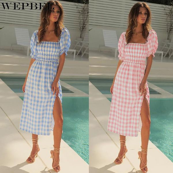 

ethnic clothing wepbel women summer elegant plaid cotton dress ladies casual fashion short puff sleeve square collar slit sundress, Red