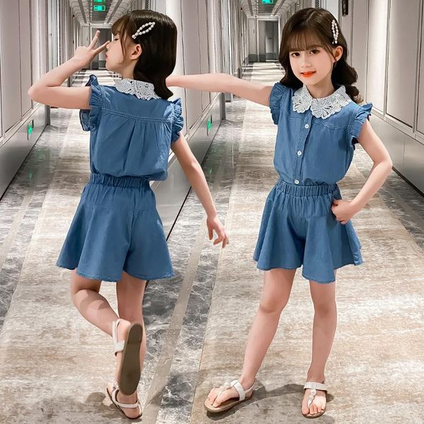 

clothing sets girls clothes 2021 summer fashion lace collar shirts + shorts suits denim kids outfits school set 6 8 10 12 yrs, White