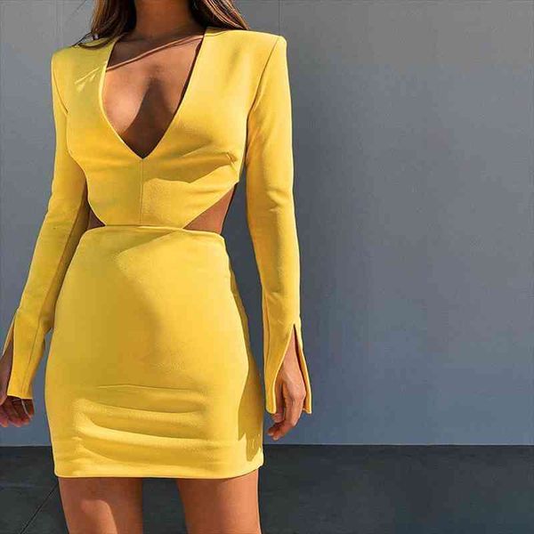 

liyong yellow mini womens dresses hollow out solid split autumn women female high waist skinny club party bodycon, Black;gray