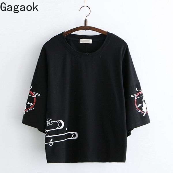 

women japan style t-shirt summer three quarter o-neck print loose casual wild harajuku female fashion pullover 210531, White