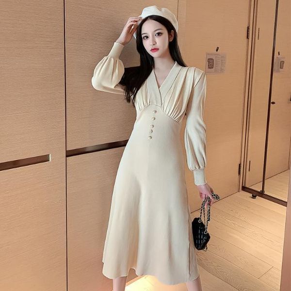 

casual dresses 2021 spring autumn women fashion v-neck sweater dress female long a-line solid ladies loose knitted vestidos q680, Black;gray