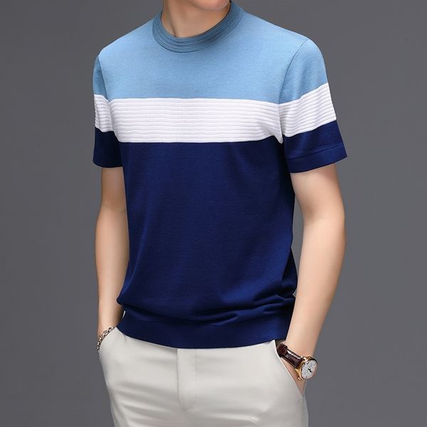 

silk t-shirt breathable casual slim stripe round neck 230g short sleeve t-shirt men's, White;black